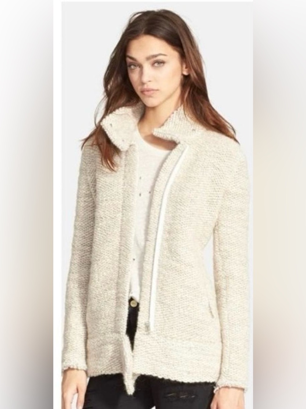 IRO Ajuma Bouclé Knit Moto Jacket Heathered Ivory Cream Cardigan EU 36